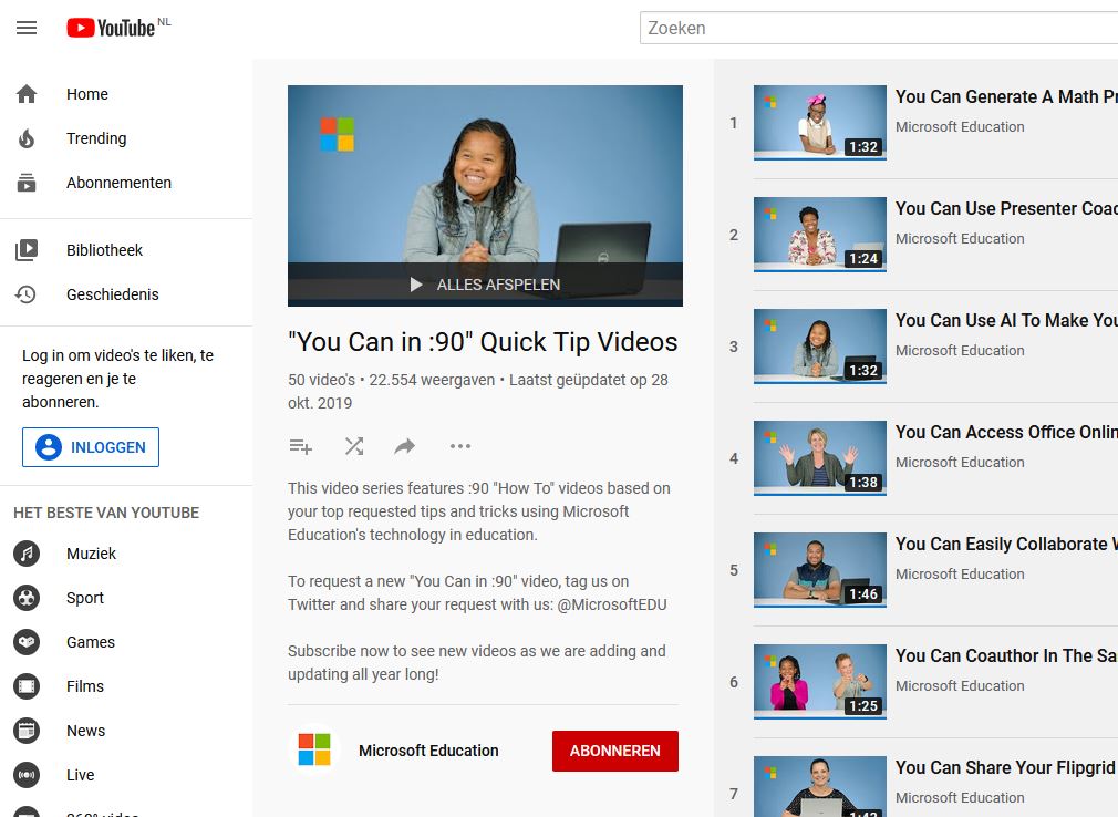 Office 365 Education playlist op YouTube