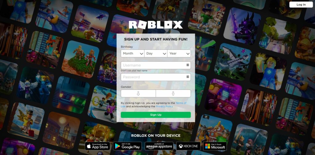 Screenshot landingspagina website Roblox