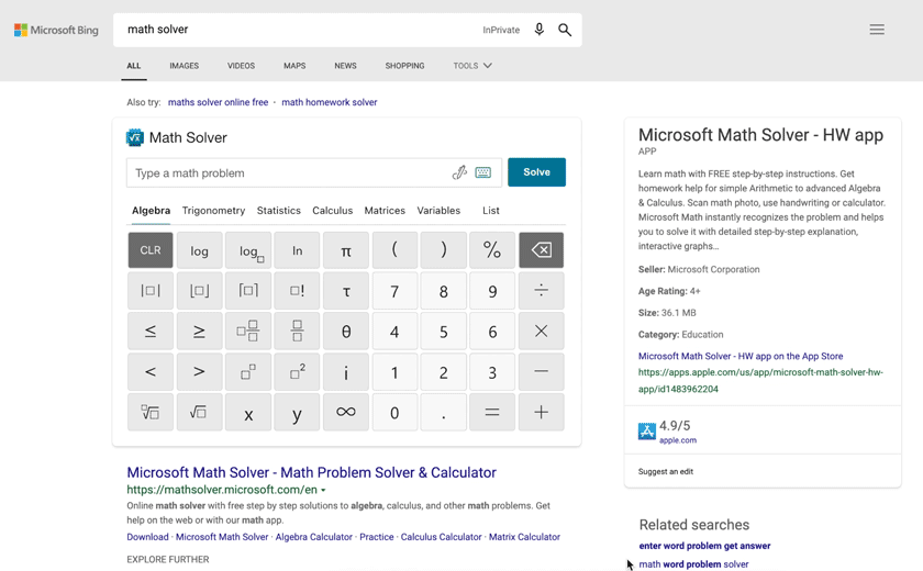 MathSolver in Bing (Bron: Microsoft)