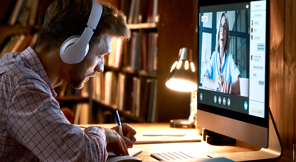 Male,Student,Wearing,Headphones,Conference,Video,Calling,,Watching,Webinar,,Online