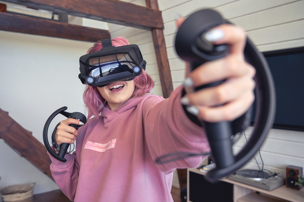 Excited,Teen,Hipster,Girl,Playing,Virtual,Reality,Video,Game,Wear