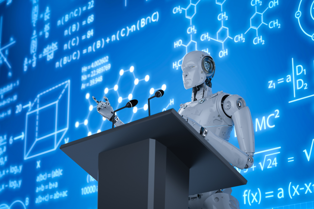 3d,Rendering,Robotic,Lecturer,Teaching,On,Podium,With,Display,Monitor